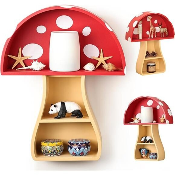 Floating Mushroom Wall Shelf Whimsical Cottagecore Room Decor Nursery Gift - Picture 1 of 8